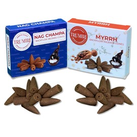 TRUMIRI Backflow Incense Cones - Combo Pack of 20 Incense Cones Waterfall - 10 Myrrh + 10 Nag Champa - Incense Backflow Cones - Waterfall Incense Cones - Incense Waterfall Cones