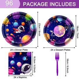 96 Pcs Outer Space Plates and Napkins Party Supplies, Disposable Forks Paper Dessert Tableware Solar System Decorations Birthday Table Dinnerware Favors Set, Serves 24