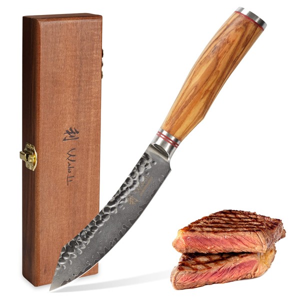 Wakoli Olive Damascus Knife Exclusive Steak Knife, Extremely Sharp 12.50 cm Blade Made of 67 Layers I Damask Steak Cutlery Made of Real Japanese Damascus Steel with Olive Wood Handle and Wooden Box