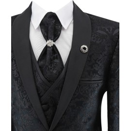 Boys Floral Paisley Print Tuxedo Suit 5 Piece Set for Pageboy Weddings and All Special Occasions, black