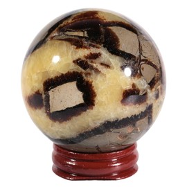 moonsix Natural Septarian Dragon Stone Sculpture Round Ball Sphere with Wooden Stand Crystal Figurine for Feng Shui Witch Decor, 2.4-2.75 inches