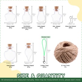 Keadic - Juego de 119 botellas de vidrio transparente de 6 formas, incluye botellas de deseo, tarros de vidrio con tapones de corcho, tornillos de ojo, cordel de 32 yardas para manualidades,