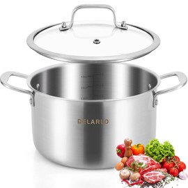 DELARLO Tri-Ply Stainless Steel Stock Pot, 5 Quart Stockpot with Lid, All Stoves Safe Up to 600℉, Saving Fuel 20%, Heavy Duty, Soup Pot with lid, Kitchen Essentials, Fast Even Heat