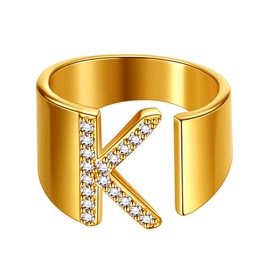 beautlace Letter K Rings Adjustable 18K Gold Plated Initial K Alphabet Open Ring with Cubic Zirconia Jewelry for Men and Women KR0037K
