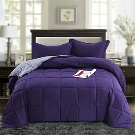 HUAJIE 3 Pieces All Season Down Alternative Reversible Quilted Comforter Set Deep Purple/Light Purple King&California King