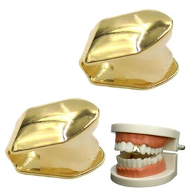 2PCS Solid Hip Hop Teeth Plain,Gol/den Single Tooth Hip Hop Teeth Grill,Gold Tooth Cap,Fake Gold Te/eth,Temporary To/oth Decoration for Women and Men,for Party Cosplay Accessories,Easy to Use,Portable