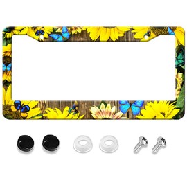 Sunflower and Blue Butterflies License Plate Frame, Retro Patterns Rust-Proof Stainless Steel for Front and Rear Car Tag License Plate Cover for Men Women 12x6 Inches