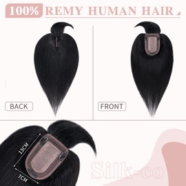 Silk-co Clip in Crown Hair Topper for Thinning Hair Women 100% Real Remy Hair Topper With Fringe 150% Demsity Straight Human Hair Extensions Top Hair Piece 12inches #01 Jet Black