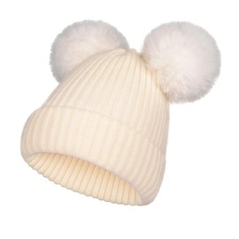 NATUST Kids Double Pom Beanie Girls Winter Knitted Hat with Double Removable Faux Fur Pom Poms White 2-12 Years