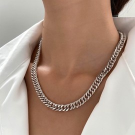Inateannal Punk Cuban Choker Necklace Silver Chunky Chain Necklace Miami Cuban Link Chain Necklace Vintage Thick Curb Hiphop Necklace Jewelry for Women and Girls