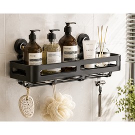 Black Aluminum Bathroom Storage Rack with Suction Cup Wall Mounted Shower Shelf Rust Resistant Single Tier Organizer