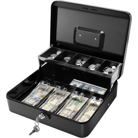 Secure Locking Cash Box with Key or comnination, Money Tray, and Organizer - Metal Money Safe for Cash Management (Black Key)