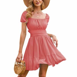 EXLURA Women's 2025 Summer Short Puff Sleeve Casual Short Mini Dresses Tie Back Square Neck A-Line Sundress Orange Red