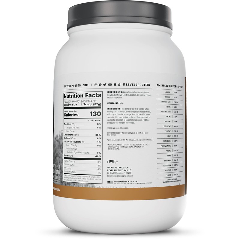 Levels Grass Fed Whey Protein Powder, No Artificials, 24G of
