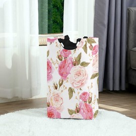 AUUXVA Laundry Hamper, Floral Flower Rose Pink Laundry Basket Washing Clothes Hamper Collapsible Storage Bin Foldable Shopping Bag Toy Book Holder