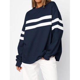 MASCOMODA Women's 2025 Striped Oversized Sweatshirt Fall Crewneck Long Sleeve Shirts Casual Color Block Pullover Tops(Navy,Medium)