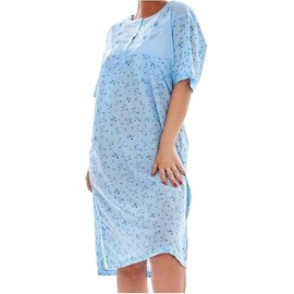 iTRONiK New Ladies Nightdress Floral Print Short Sleeve Rich Cotton Buttons Nightshirt (Blue, XL)