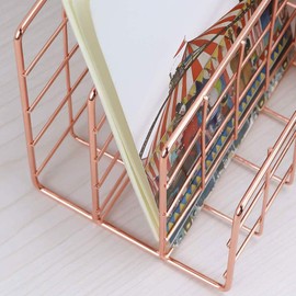 Iron and Metal Letter Holder with Three Grids, Bookcase, Multifunctional File Sorter, Organiser (Rose Gold)