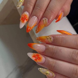 Ombre Orange French Tips Press on Nails Medium Almond False Nails with Rhinestones Flower Design Gold Irregular Fake Nails Full Cover Star Glue on Nails Gradient Nails for Women Girls Manicure 24Pcs