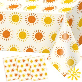 OTTPOOM 3 Pieces Boho Sun Birthday Party Tablecloths First Trip Around The Sun Birthday Waterproof Plastic Table Cover for Sunshine Baby Shower Decorations Supplies, 108 X 54 Inch