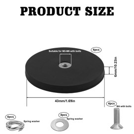 YIDM Neodymium Magnets with Hole Large: Pack of 4 Extra Strong Magnets with Thread D43 x 6 mm M4 Screwable Flat Countersunk Head for Screws Eyelet or Hook Black