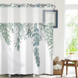 AWERT No Hook Shower Curtain with Snap in Liner Sage Green Plants Shower Curtain and Liner Set Double Layers Waterproof Fabric and See-Through Top Window Bathroom Decorative 71x74inch