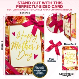 Decorably Decorably Gold Foiled and Textured 5x8in Individual Happy Mothers Day Card Set with Ribbon and Floral Designs, Card Set with Envelope and Stickers, with Printed Message Inside