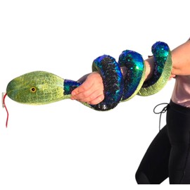 Zugar Land Sequins Plush Snakes with Plastic Eyes, 67" Long, Reversible Two Color Flip Sequin, Soft Plush Cuddly Toy (Green Head - Blue/Black)