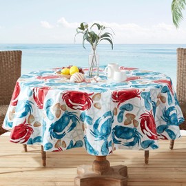 Newbridge Spring Round Vinyl Flannel Backed Tablecloth, 70 Inch, Stone Crab Print, Blue and Red Indoor Outdoor Waterproof Vinyl Table Cloth, Cape Cod Clambake