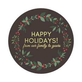 Mobiusea Creation Happy Holidays Stickers | Envelope Seals | 1.4 inch | Gold Foil | Black Wreath Christmas Stickers | Waterproof | 90-Pack for Christmas Gifts, Envelopes, Holiday Cards