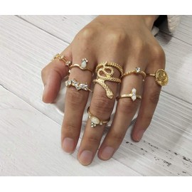 HUASAI 9-15 PCS Boho Gold Stackable Open Rings Sets,Vintage Crystal Joint Midi Knuckle Finger Rings for Women Girls…