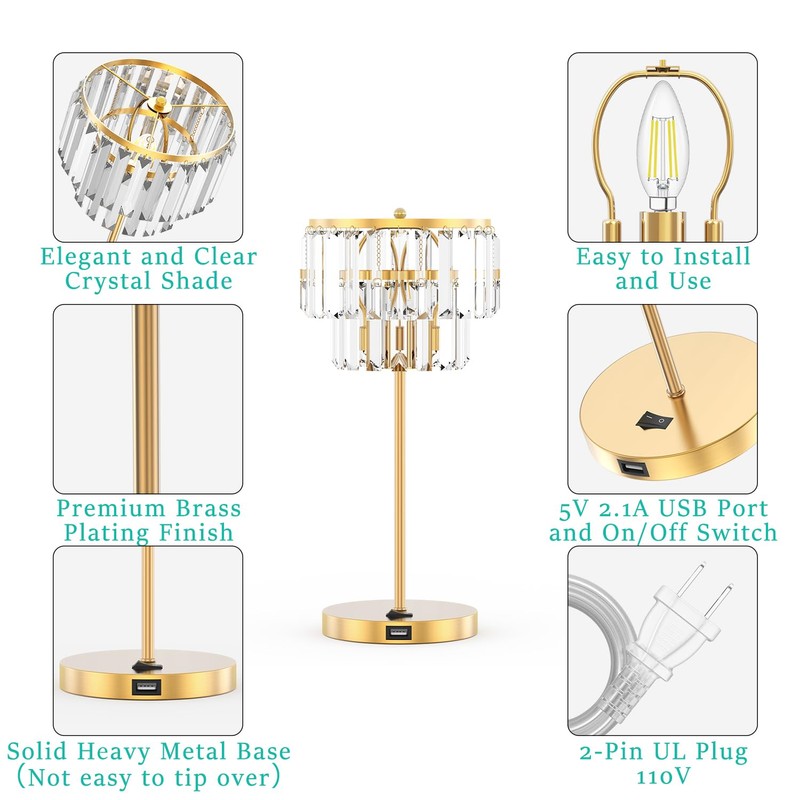 Bedside Lamp for Bedroom, Gold Crystal Table Lamp 18 Inches,