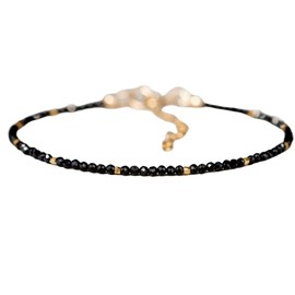 LKBEADS Schwarzer Spinell, 2 mm, runde Form, facettierte Perlen, 17,8 cm, verstellbarer vergoldeter Verschluss, Armband für Männer und Frauen|LK_STACK_01221