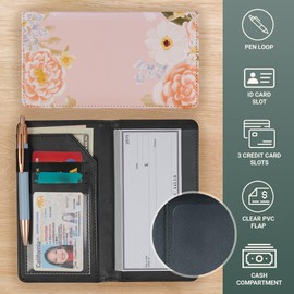 Christian Art Gifts Premium Vegan Leather Scripture Checkbook Cover for Women: Strength & Dignity Inspirational Bible Verse Accessory, Duplicate Checks, ID/Card Slots, Pen Loop, Pink Multicolor Floral