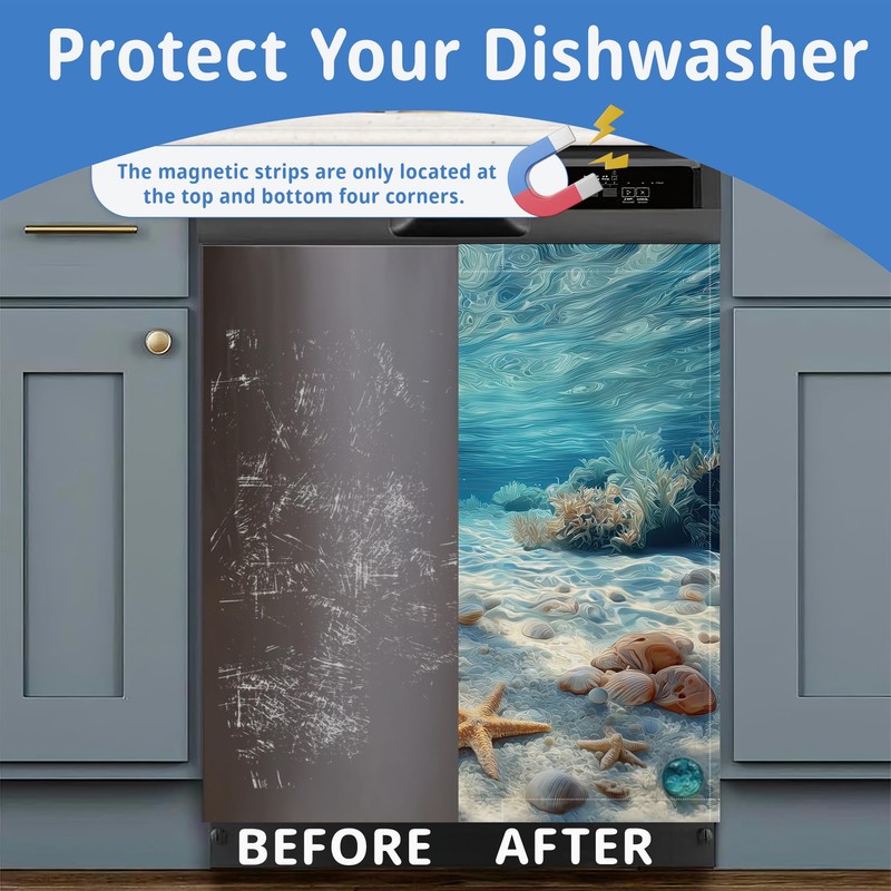 Washable Seashells Starfish Dishwasher Magnetic Cover for Kitchen Decor, Refrigerator