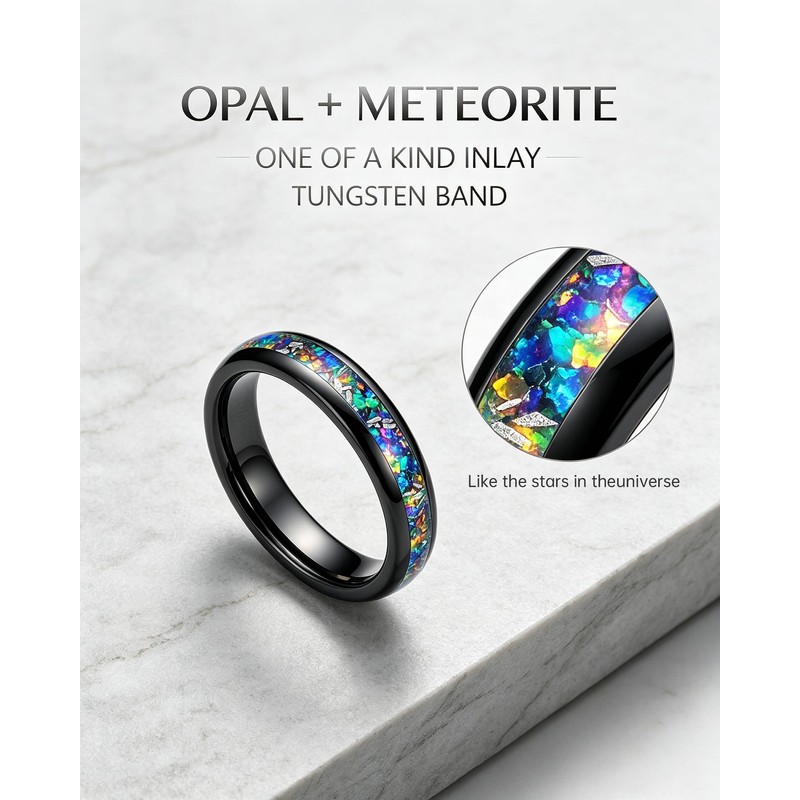 Tungsten Ring Meteorite Opal Inlay 4mm Wedding Band Sizes 5