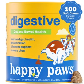 Happy Paws Digestive Health Dog Chews, Gut Health & Digestion Support with Enzymes, Fiber & Probiotics for Dogs, Supplement for Dogs, Natural Ingredients, Pumpkin Flavor, Vegan, 100 Count