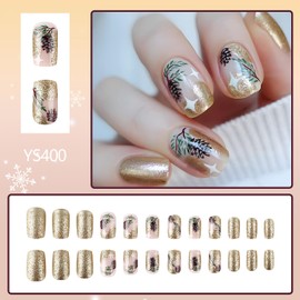 EYZOTSF Press on Nails Christmas Square Shaped Acrylic Full Cover Short Length Square Winter False Nails with Designs Artificial Xmas Holiday Fake Nails Glue ons Fingernails for Women Girls(YS400)