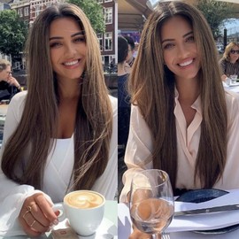 SALLYWELL Lace Front Wig Ombre Brown Synthetic Wig with Dark Roots Natural Hairline Silk Straight 24 inches Long Brown Wigs for Daily Use