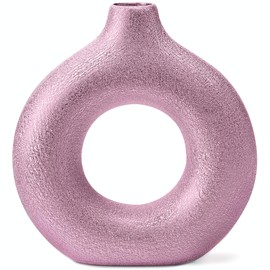 Gold with Texture Donut Hollow Ceramic Vase, Handmade Minimalist Boho ins Style, Modern Vase for Home Decor for Wedding Dinner Table Party Living Room Office Bedroom (Purple Gold, Small)
