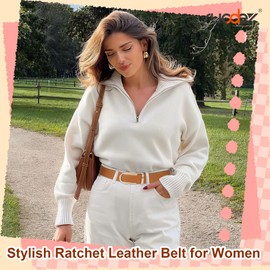 SUOSDEY Women Ratchet Leather Belt for Jeans Pants with Gold/Silver Sliding Buckle, Automatic Ladies Dress Belt 1.2” Width brown