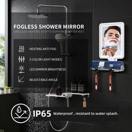 Lighted Shower Mirror Fogless for Shaving, Heated Fog Free Large 9.5*7inch 3 Color Modes Dimming Shower Shaving Mirror with Light, Rechargeable Anti-Fog Shower Mirror with Storage Tray & Razor Holders