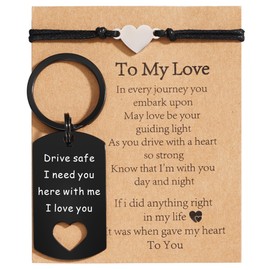 VULETO Gifts for Husband Boyfriend Lover, Drive Safe Keychain Dog Tag I Need You Here With Me Heart Bracelet Fathers Christmas Valentines long Distance Relationship