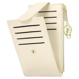 SUIKIHUM Credit Card Slim Wallet for Women and Men, PU Leather Card Holder with Keychain Ring - 14 Slots & 1 ID Window & 1 Zipper Pocket, Beige