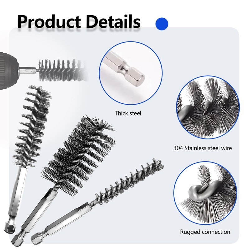 12Pcs Stainless Steel Bore Brush Set with 1/4" Hex Shank