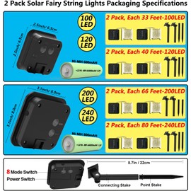 2 Pack Solar Powered Fairy String Lights Outdoor Waterproof 8 Modes Twinkle Christmas Decorations Lights, Each 33ft-100LED, 40ft-120LED, 66ft-200LED, 80ft-240LED, (Pink, 33)
