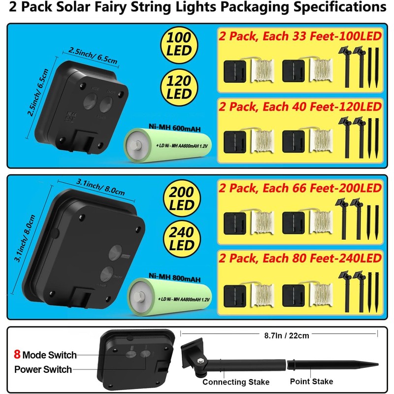 2 Pack Solar Powered Fairy String Lights Outdoor Waterproof 8