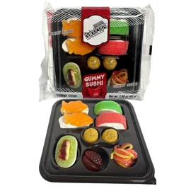 Raindrops Gummy Candy Sushi Mini Bento Box with 9 Pieces - 5 Kinds of Sushi Rolls and Garnishes - Made from Marshmallows, Licorice, Sour Strips, Gummi Bears and Fish - Fun and Unique Candy Gifts