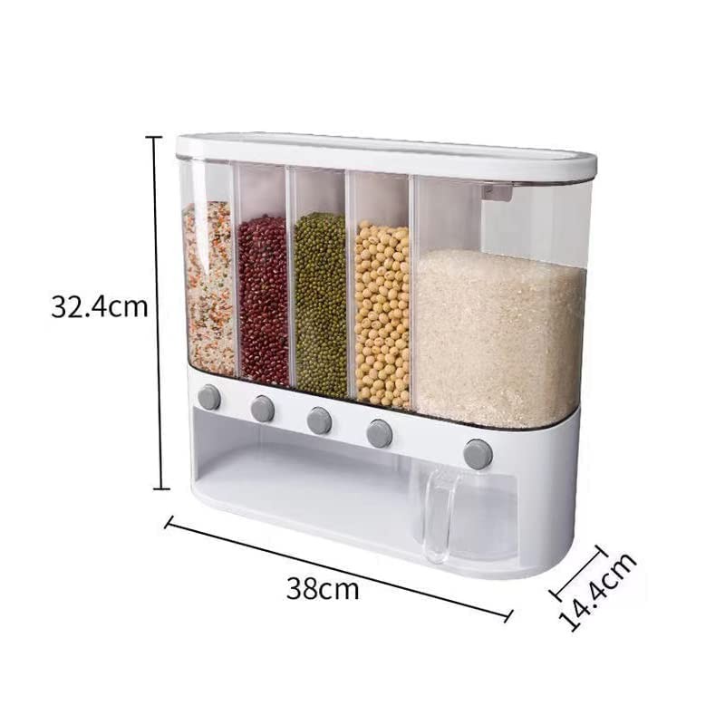 Xilei Dry Food Dispenser,Wall mounted 5 Grid Cereal Dispenser,Rice dispenser