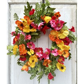 24" Summer Round Poppy Wreath for Front Door with Orange, Red, Yellow, and Pink Flowers and Green Ferns
